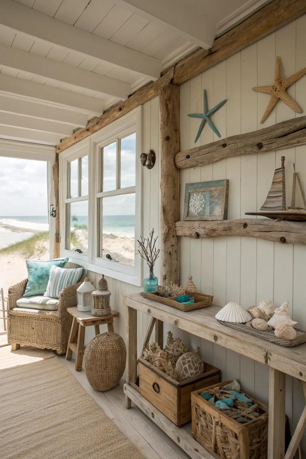 Driftwood decor adds a natural and artistic touch to the space.