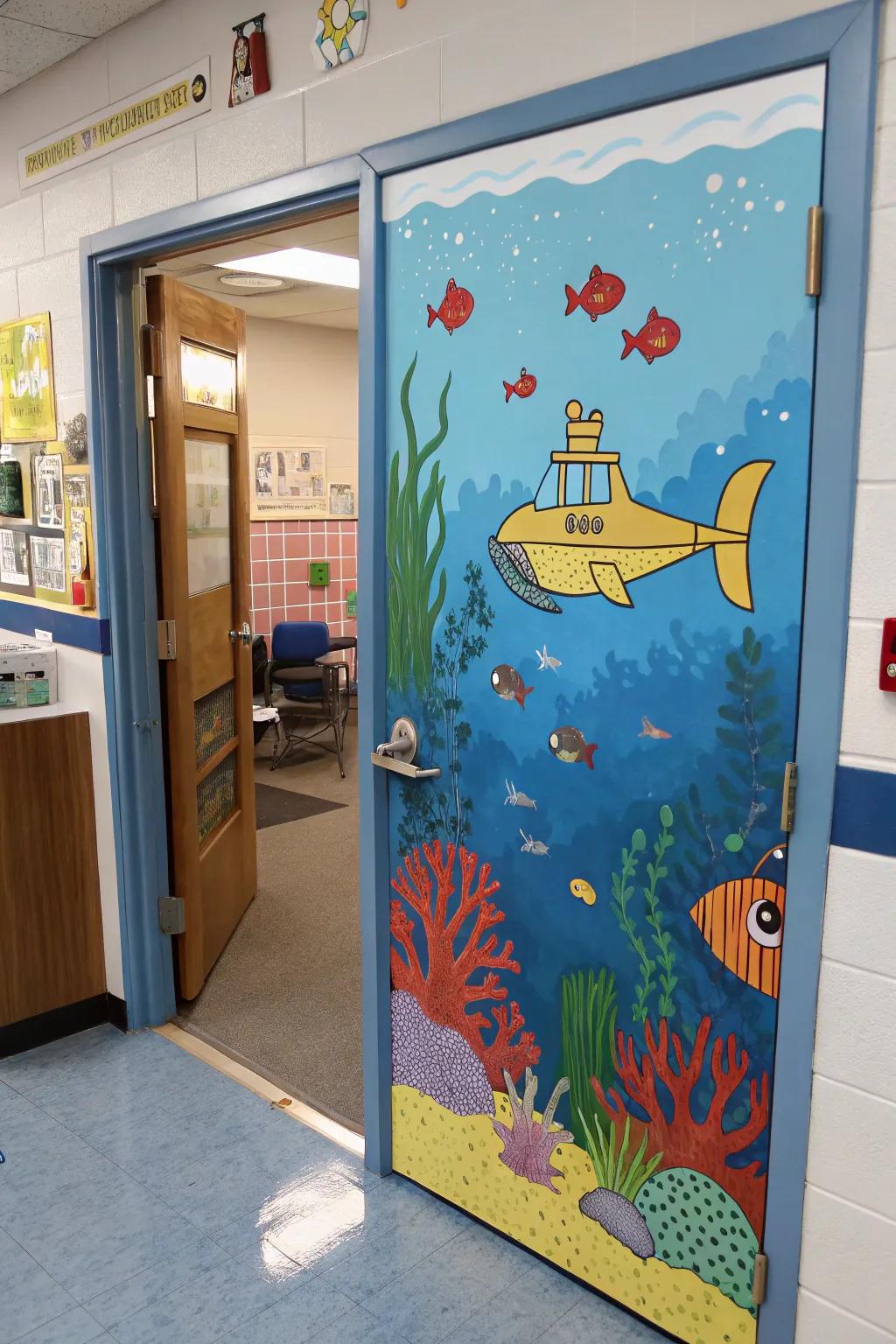 Underwater submersible scene on a classroom entrance for an adventurous feel.