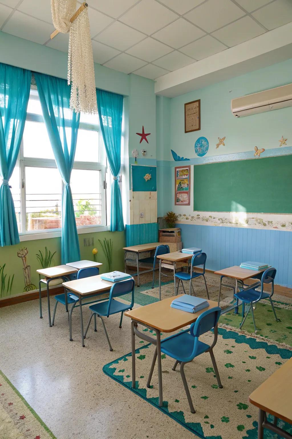 A soothing seaside color scheme transforms the classroom into a tranquil retreat.