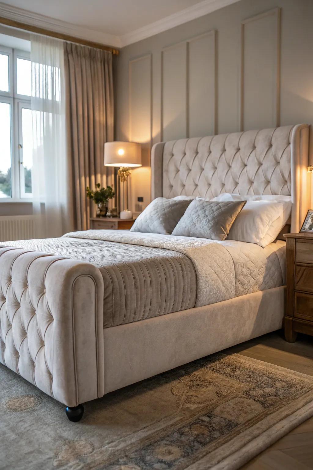 A fabric bed frame brings comfort and style to the bedroom.