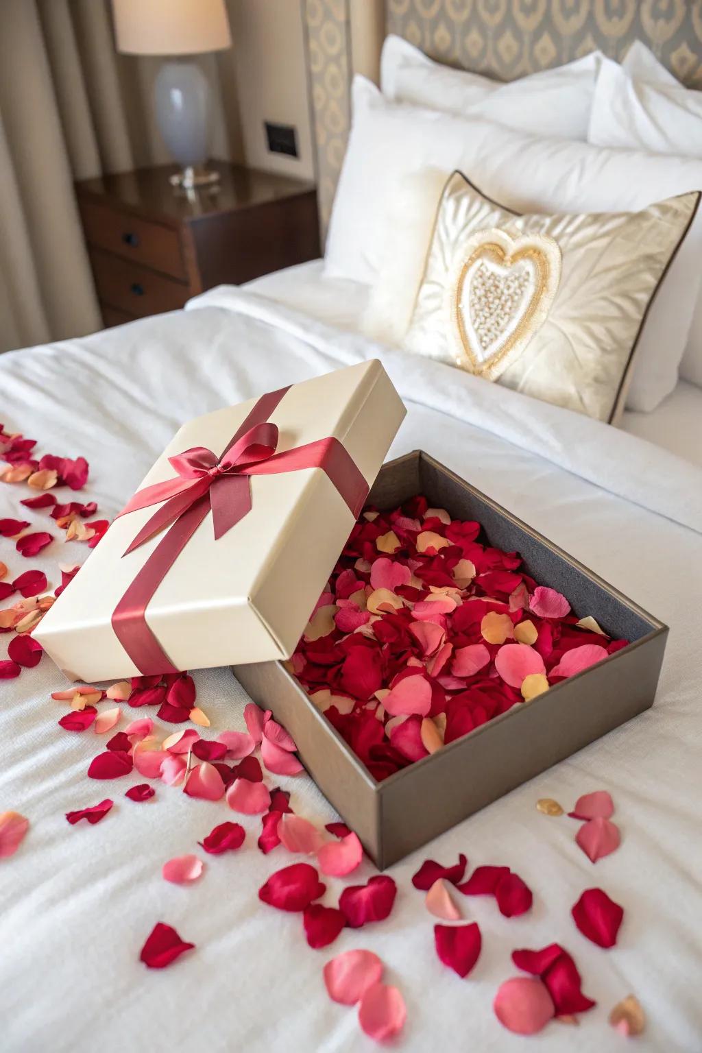A gift box with floral rounds spilling out, enhancing the surprise with romantic flair.