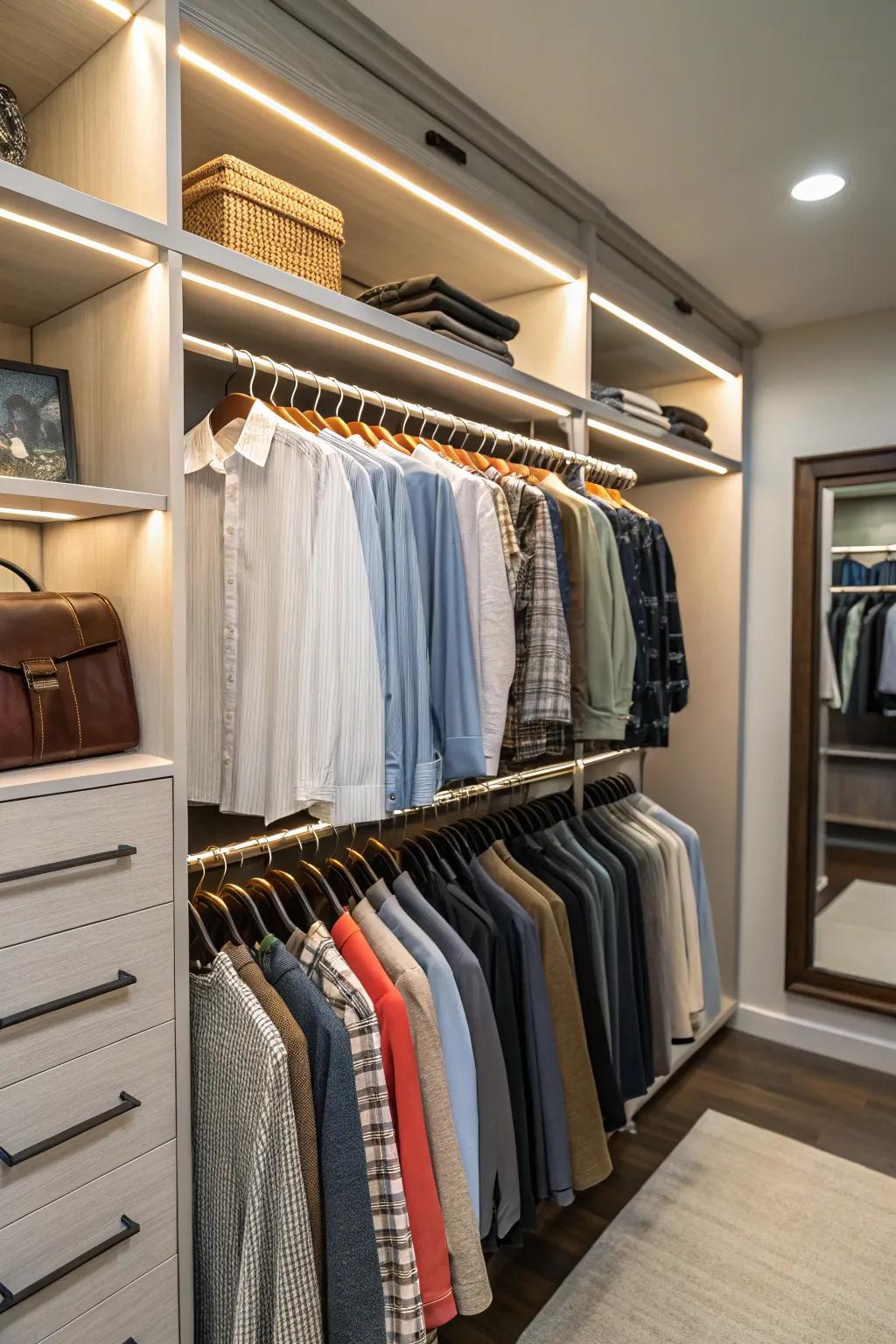 Hanging bars are a practical addition for outfit planning.