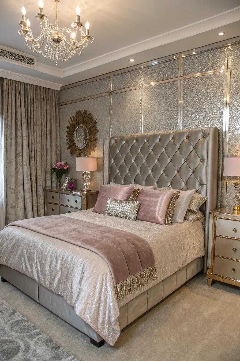 Glamorous metallic accents and plush fabrics add luxury to this elegant bedroom.