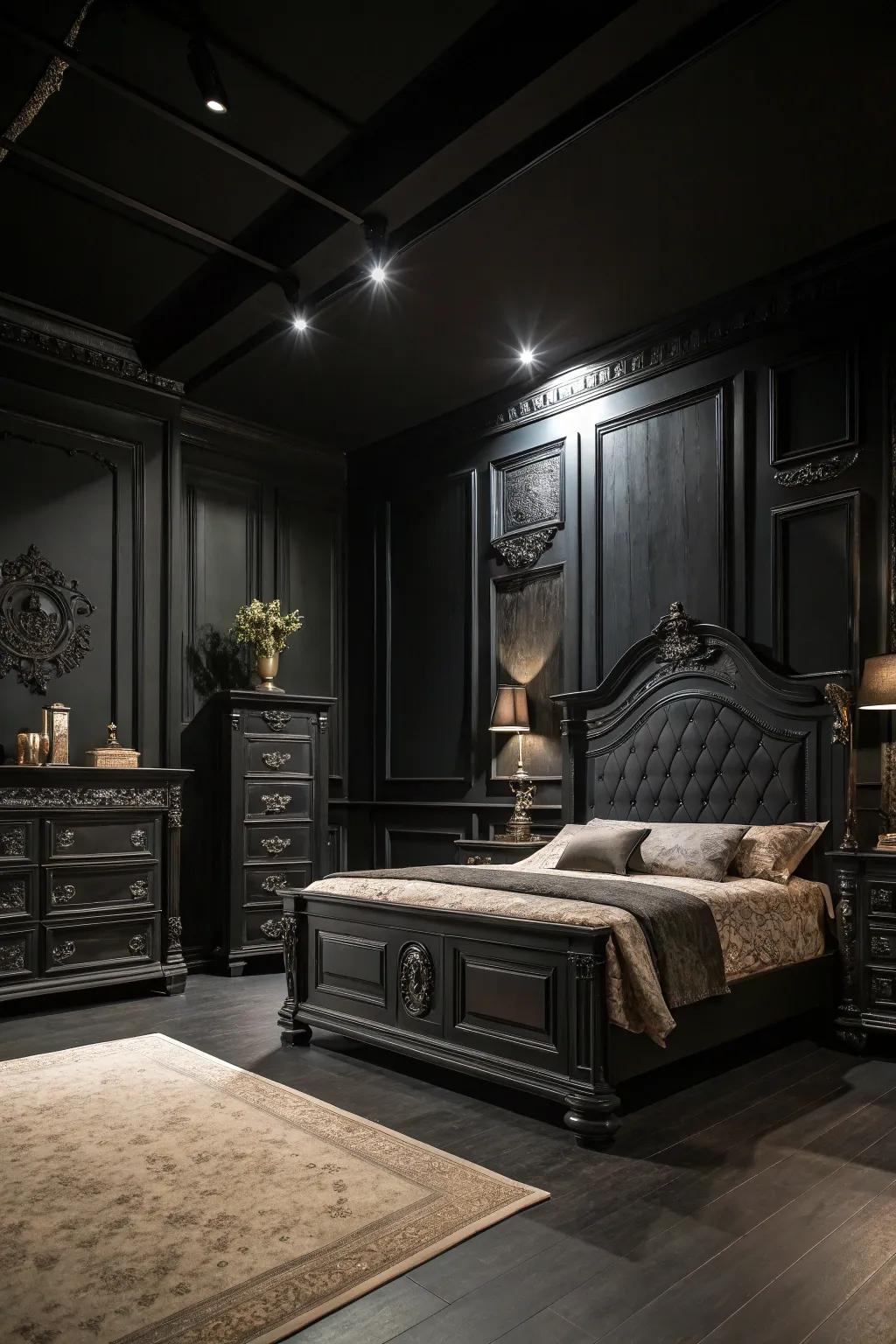 Dark walls intensify the drama and intimacy within a space showcasing dark furniture.
