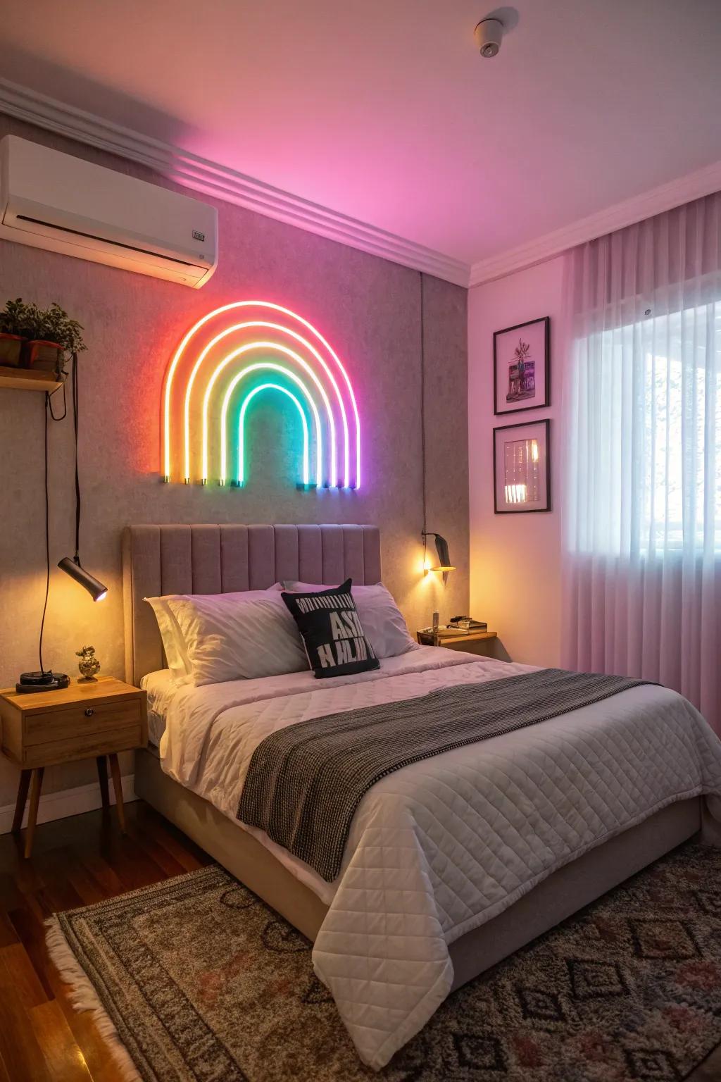 Vibrant lights contribute a playful burst of color to any bedroom.