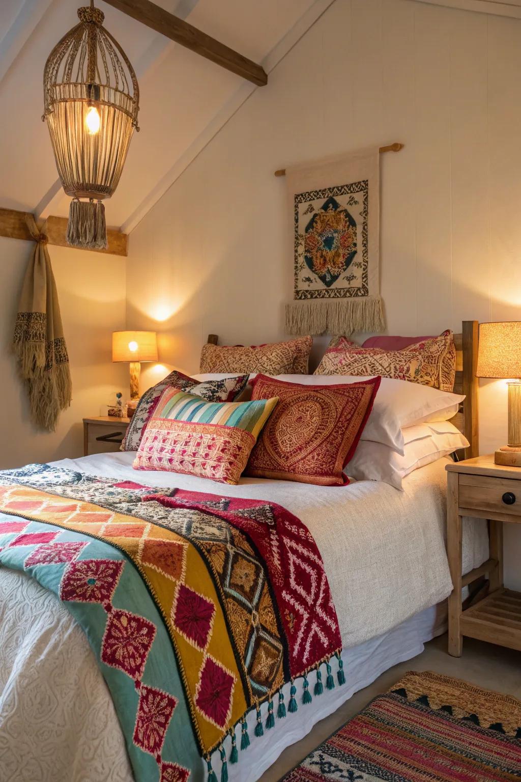 A bedroom accented with vibrant pops of color.