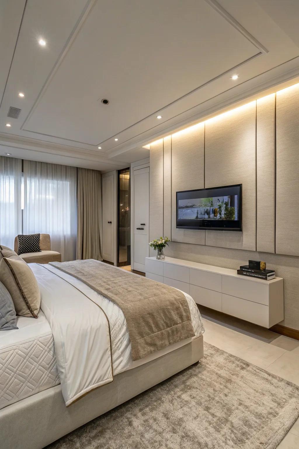 Effortless tech incorporation maintains the room's visual flow.