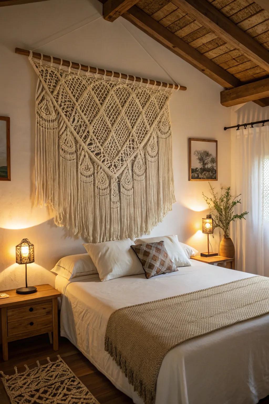 Textile wall decor adds softness and texture to bedroom decor.