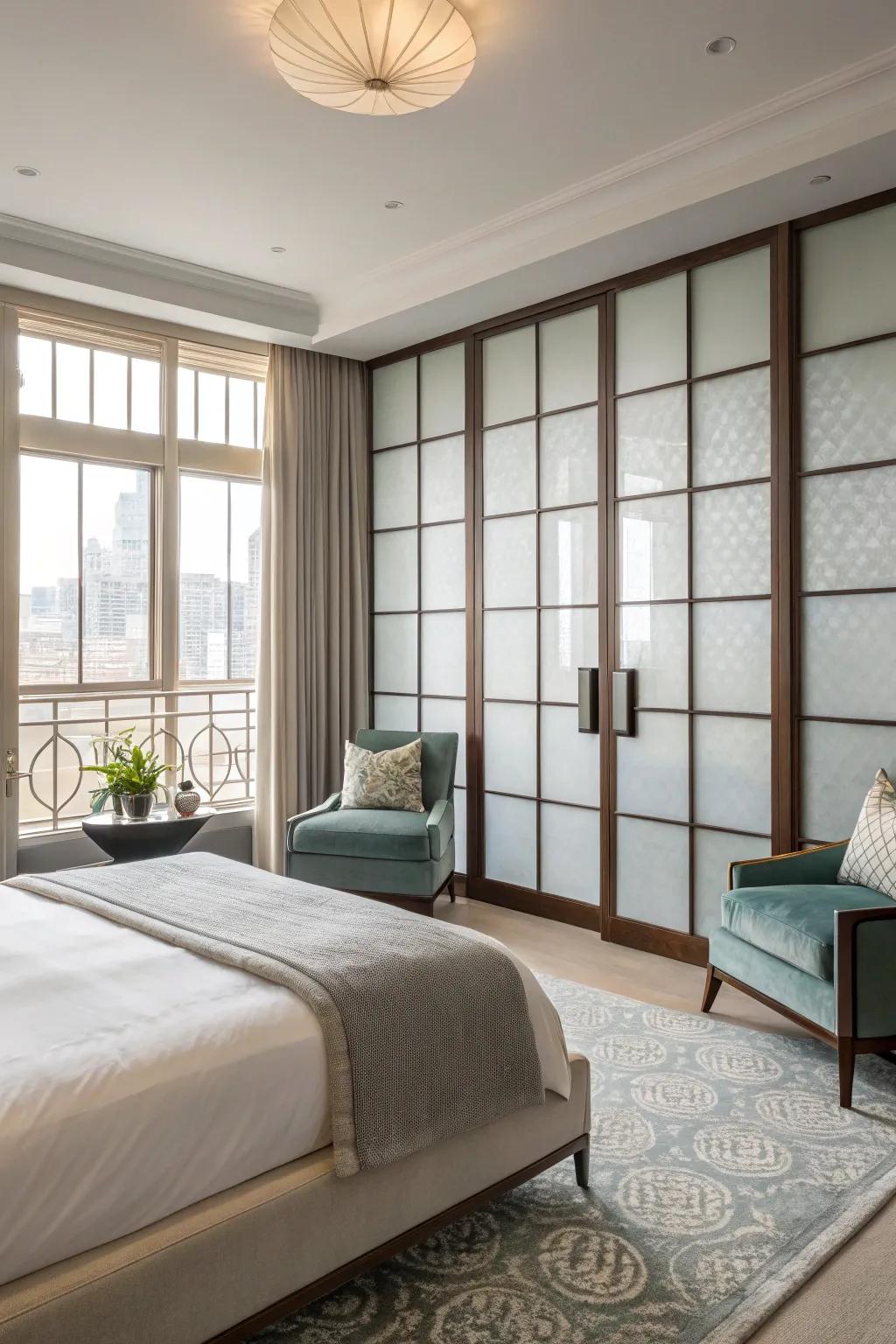 Frosted glass panels provide privacy while maintaining a stylish appearance.
