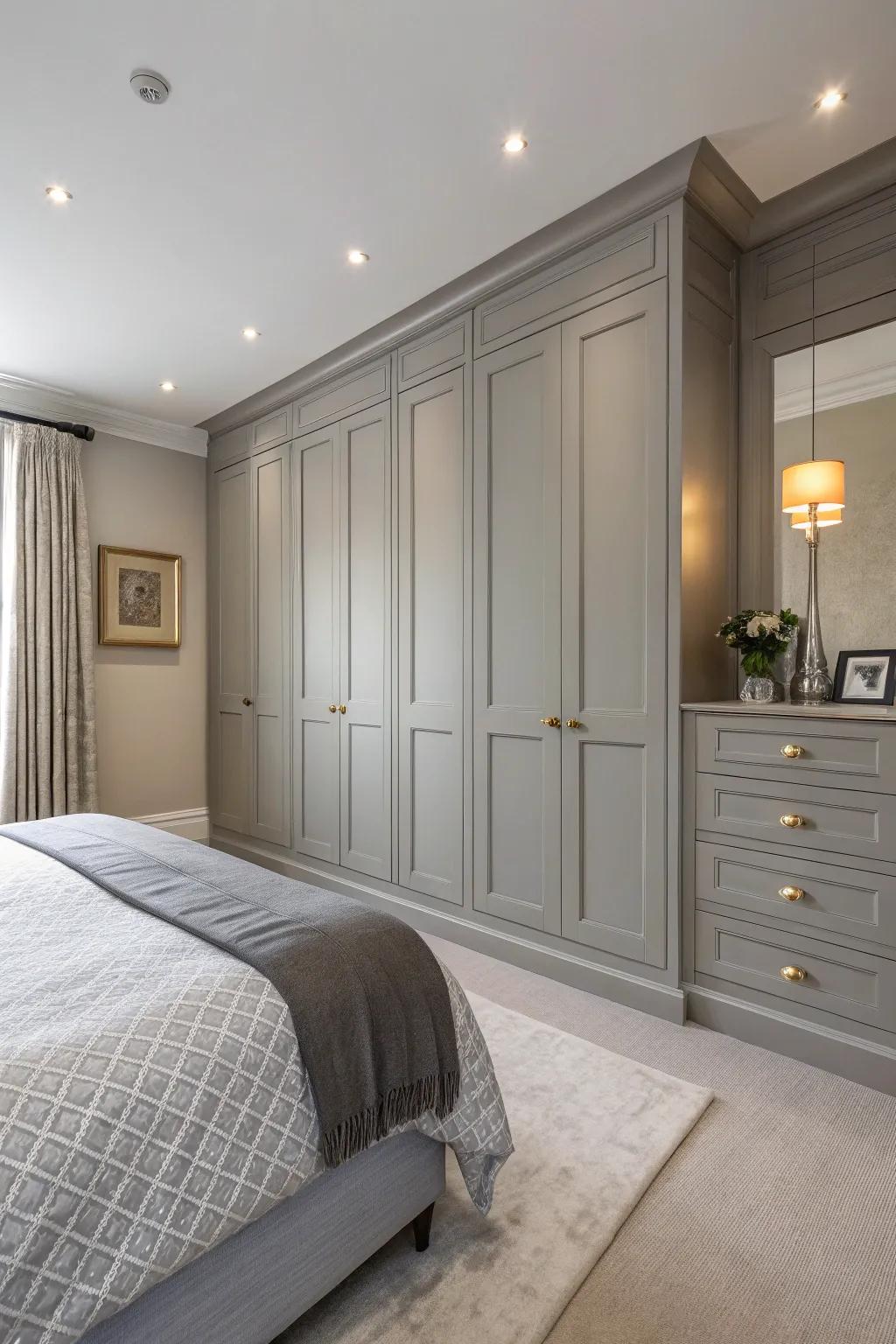 Gray storage solutions providing style and organization.