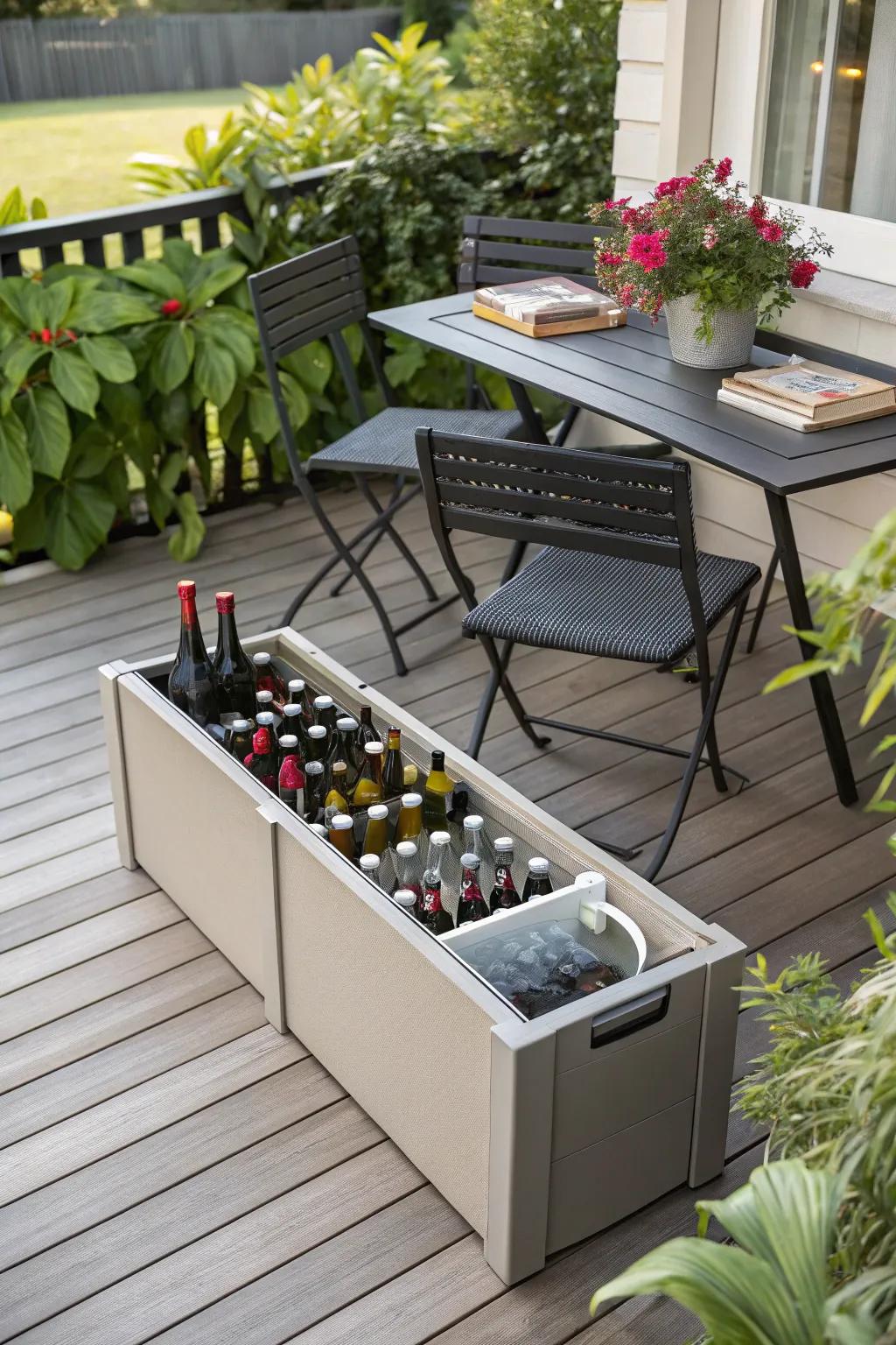 A storage bench on the deck containing ale bottles.