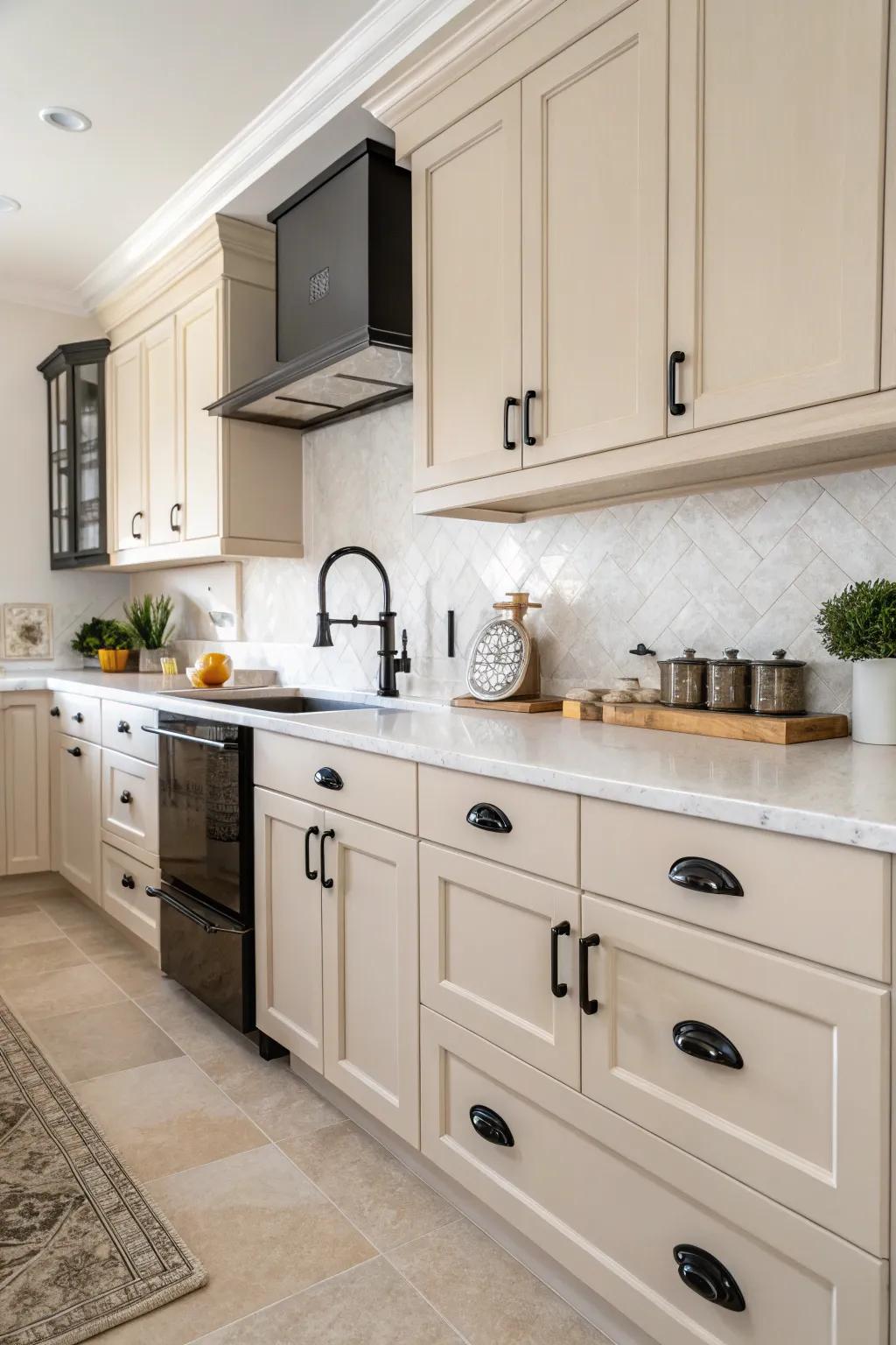 Dark accents render a sophisticated contrast against the light palette.