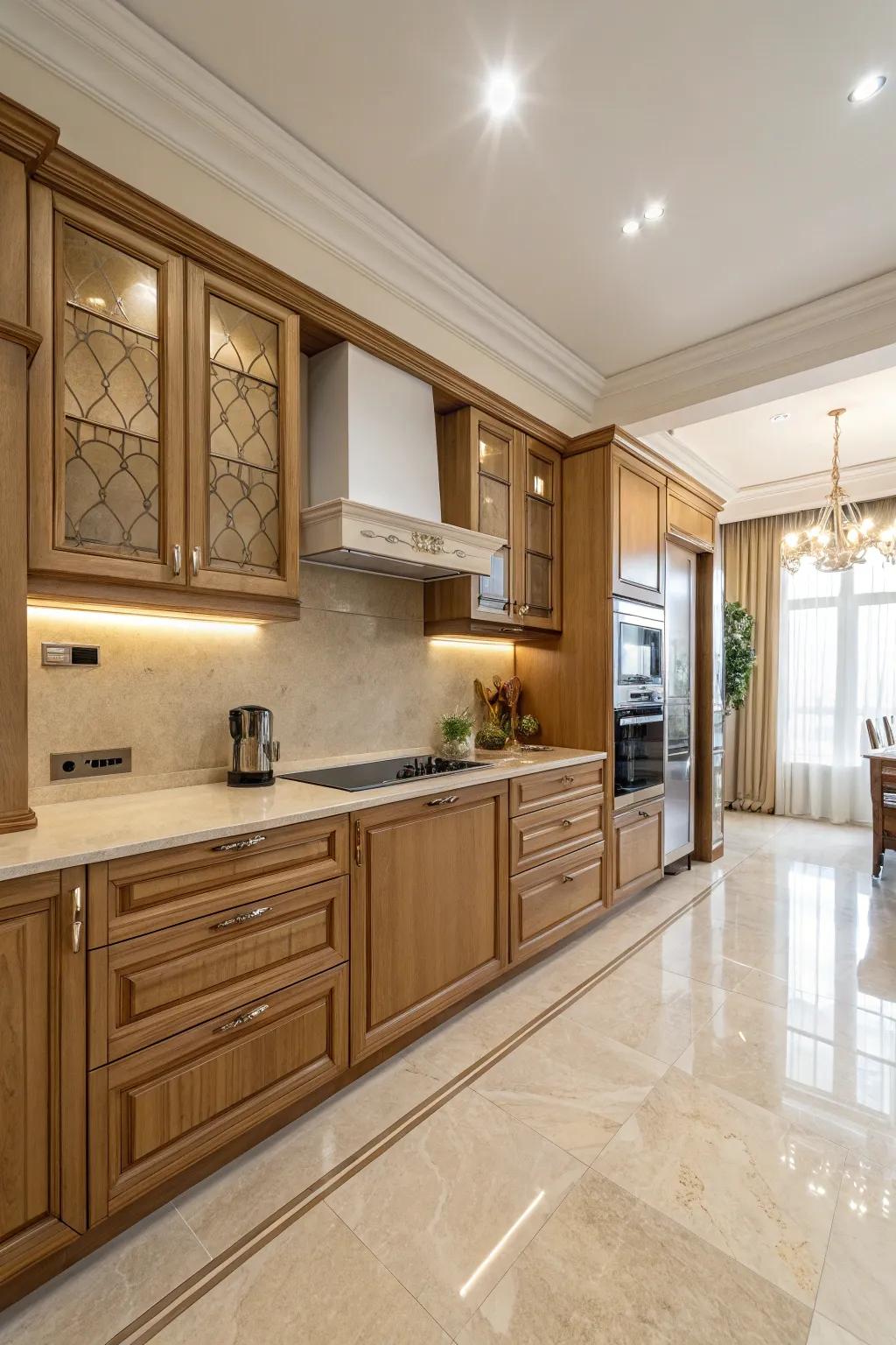 A beige culinary space blends timeless style with functionality and warmth.