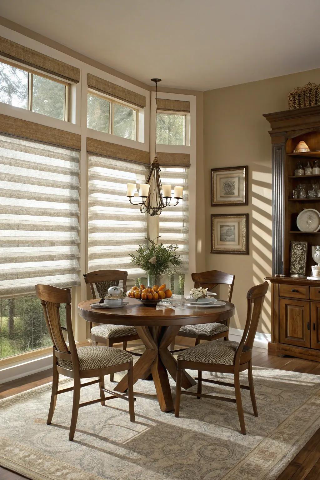Layered blinds bring texture and depth.