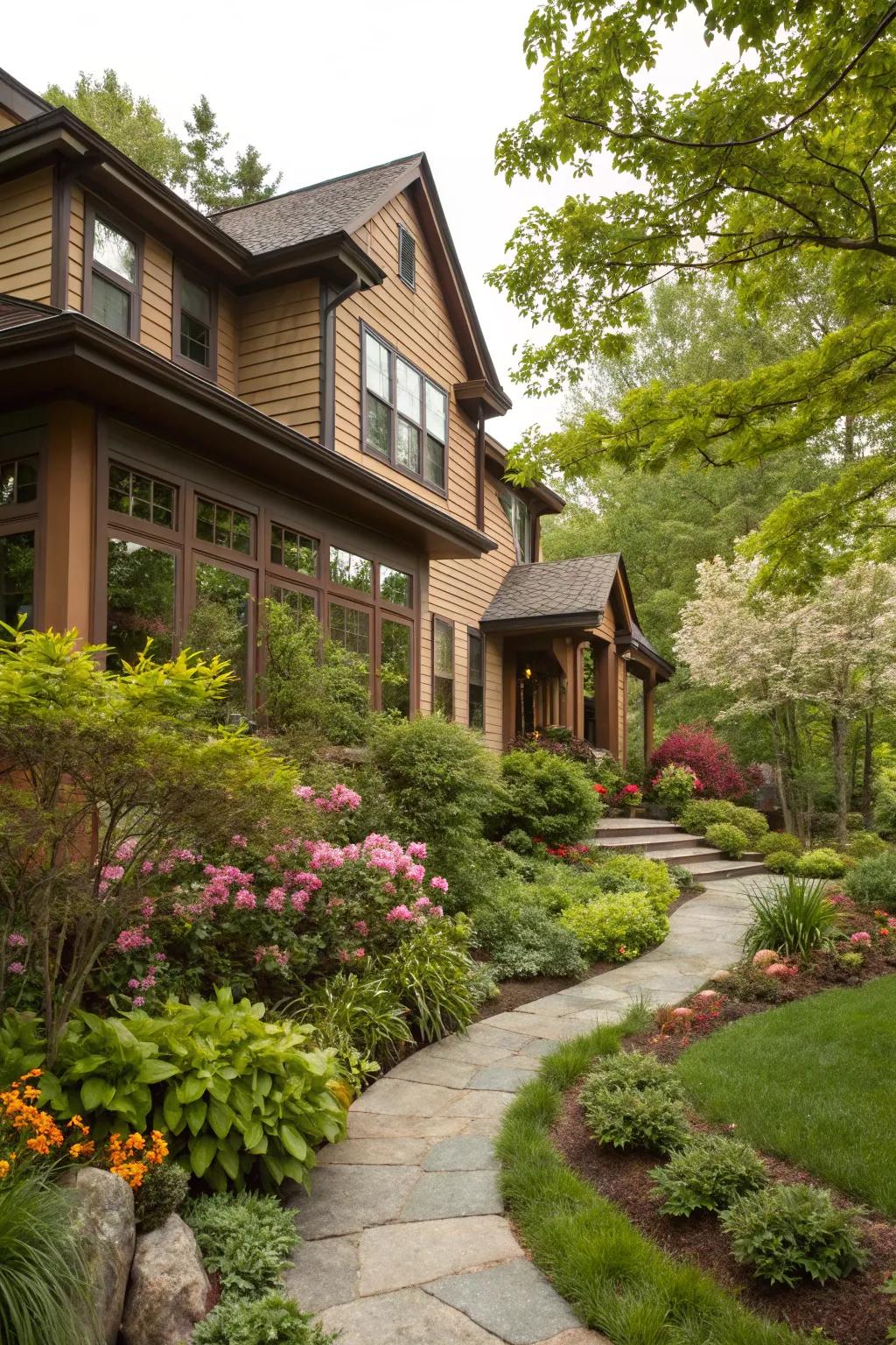 A charming exterior featuring warm tawny trim.