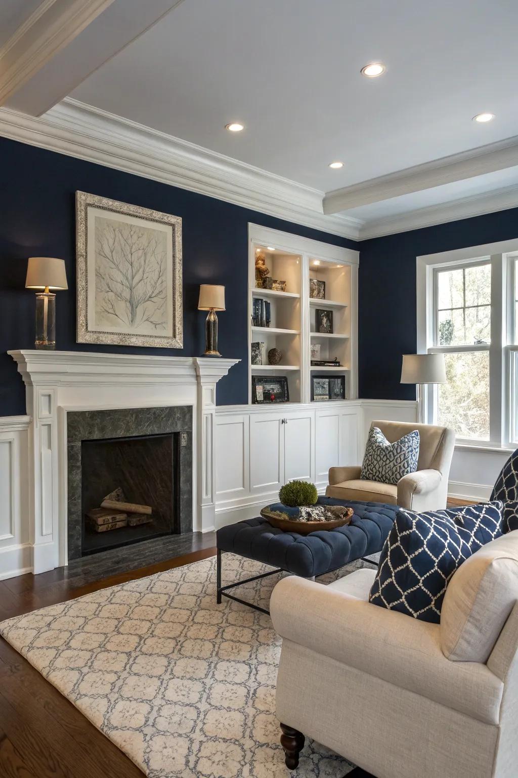 Indigo walls offer timeless elegance and sophistication.