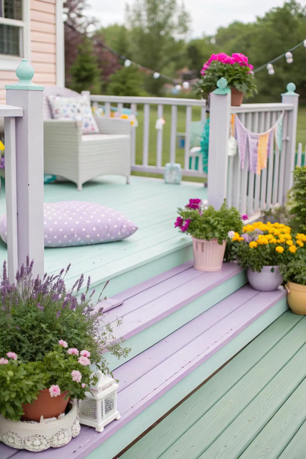 Pastel decks create a whimsical and playful outdoor space.