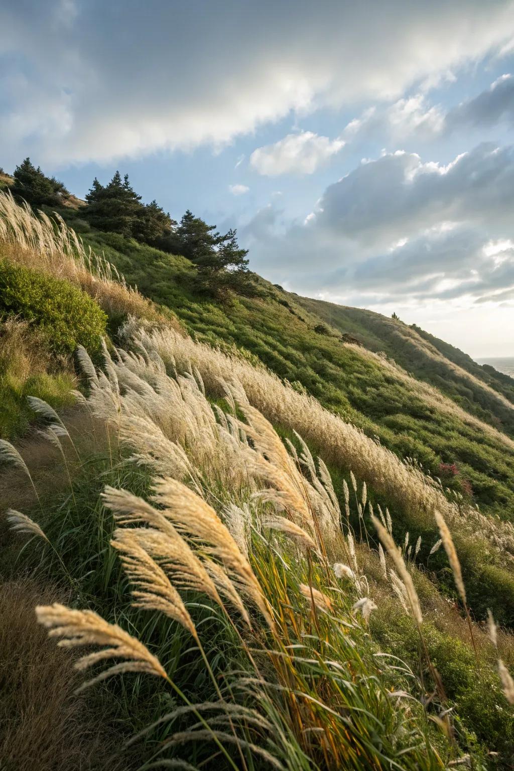 Ornamental grasses add movement and texture to slopes.