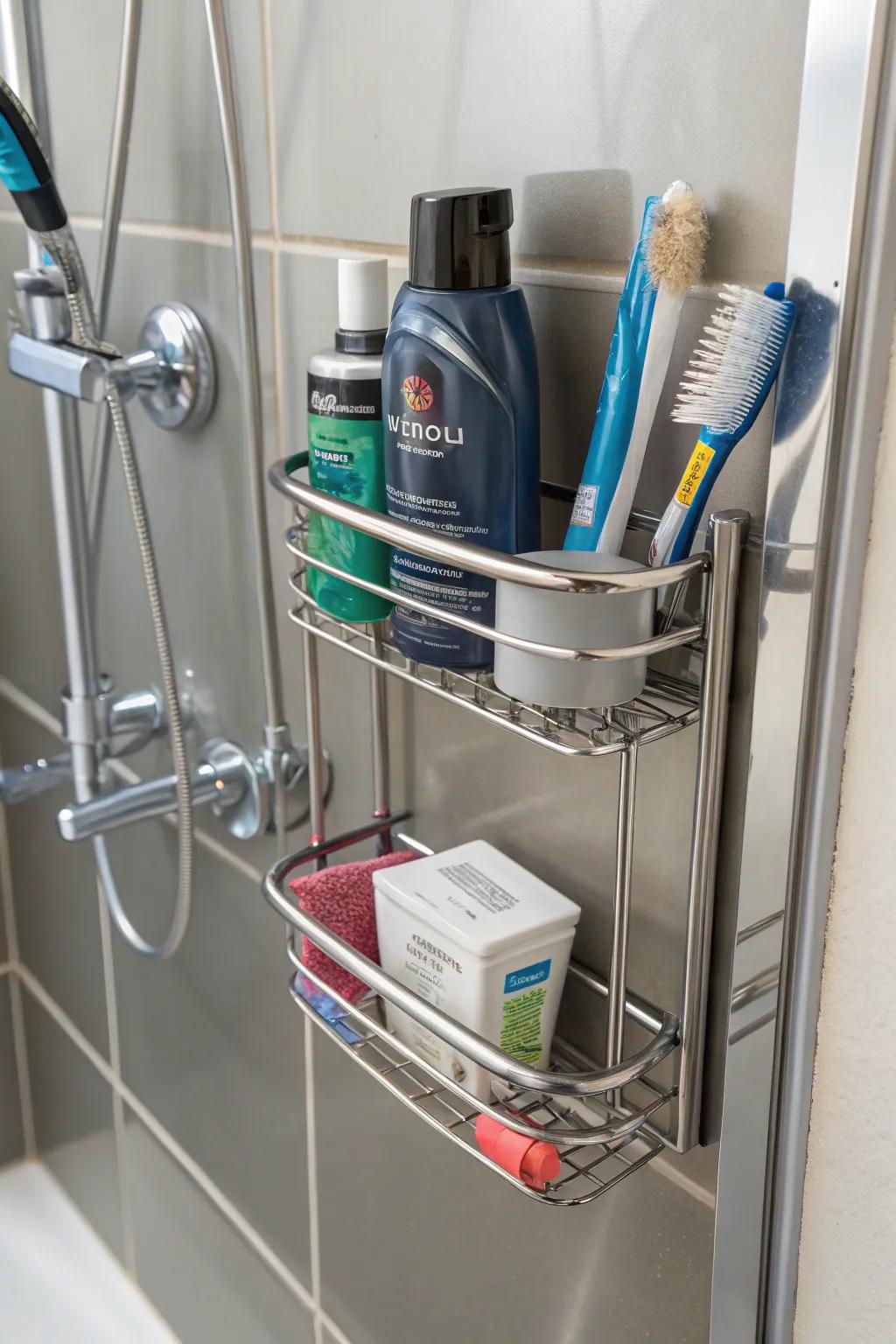 Discover the ease of a magnetic shower organizer, effortlessly maintaining order.