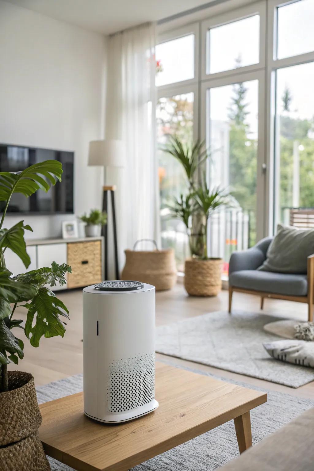 An intelligent air purifier discreetly enhances air quality, complementing the modern design.