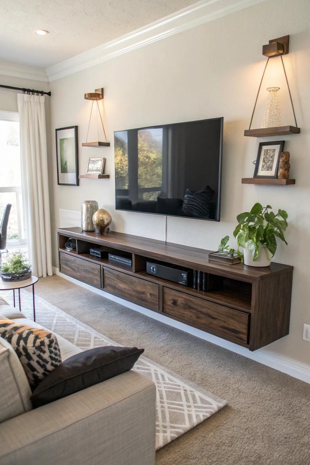 A floating console provides sleek storage options.