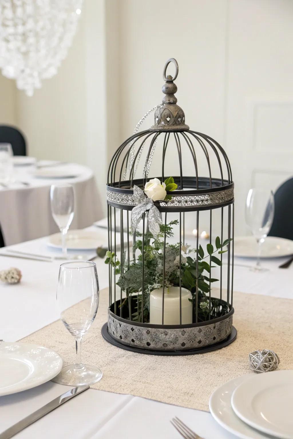 A bold and modern bird cage centerpiece featuring sleek design.