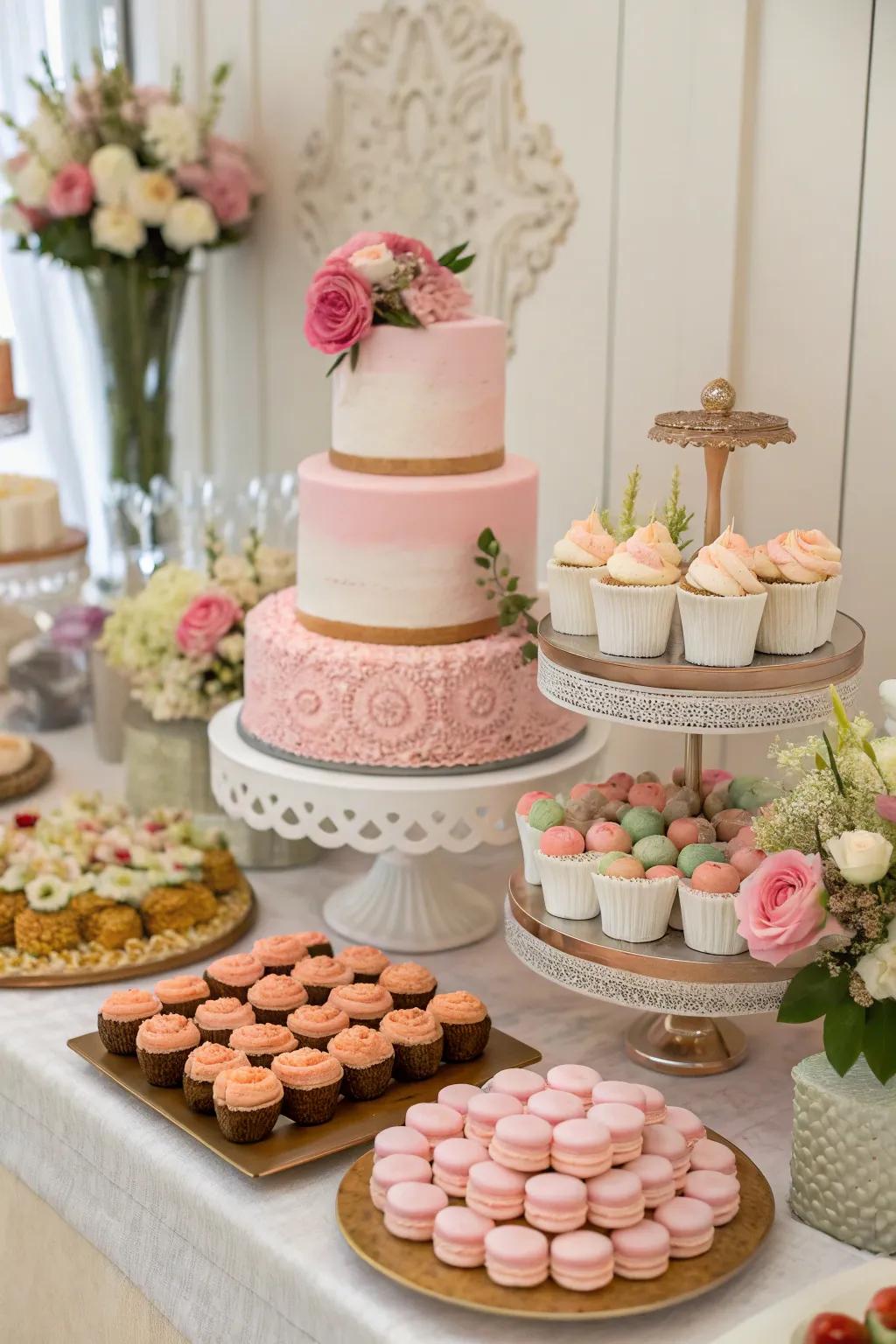 A beautiful dessert table that serves as a point of focus in the celebration decor.