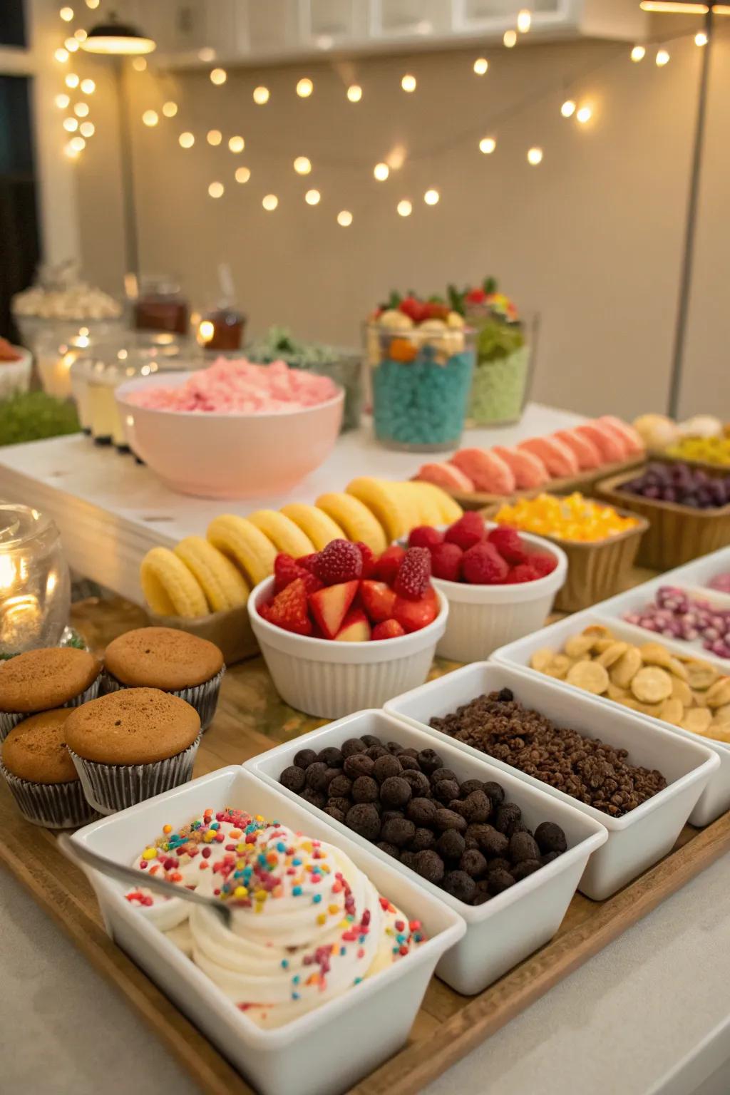 A self-serve dessert bar filled with an array of sweets and toppings.