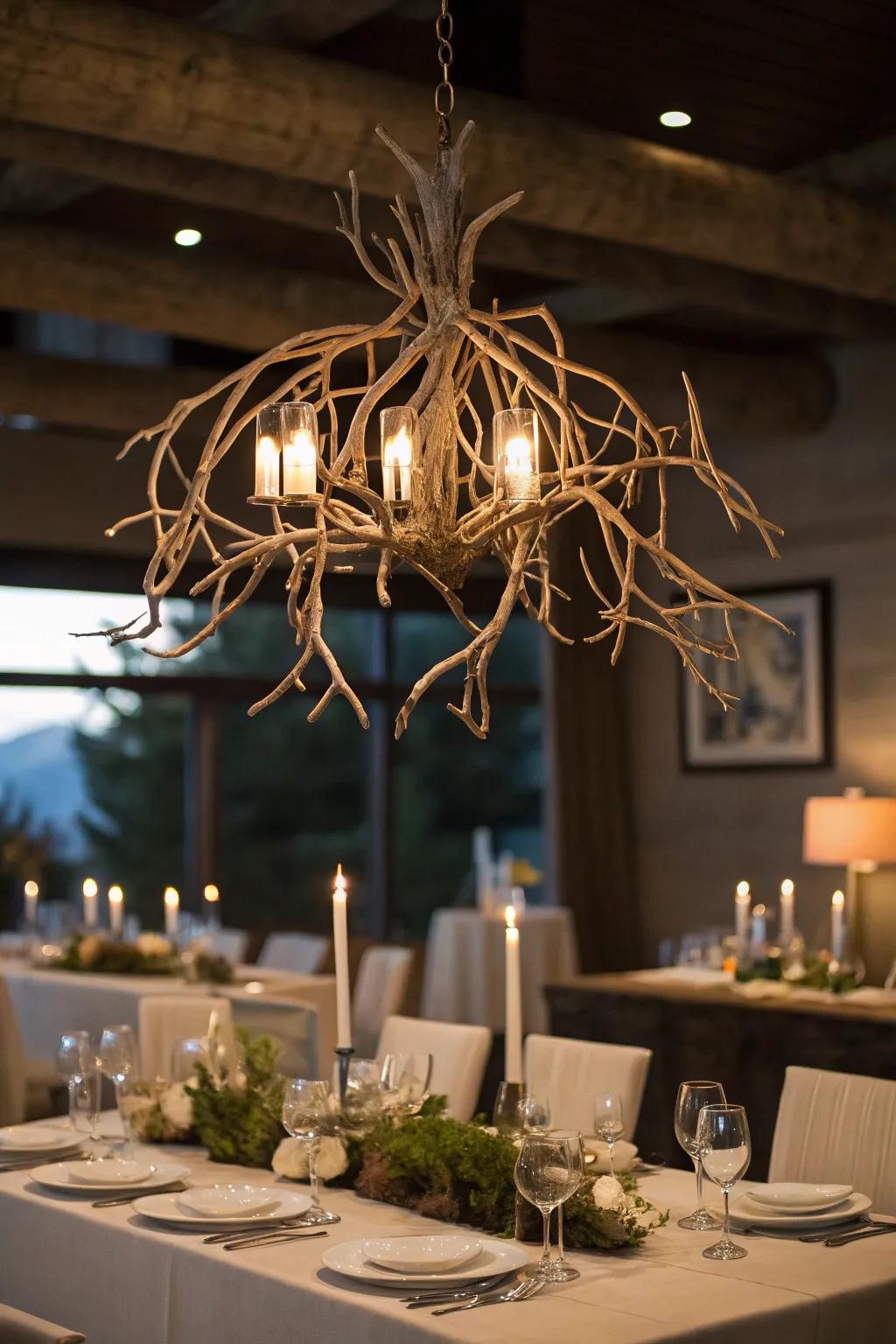 A hanging branch chandelier adds drama and style overhead.