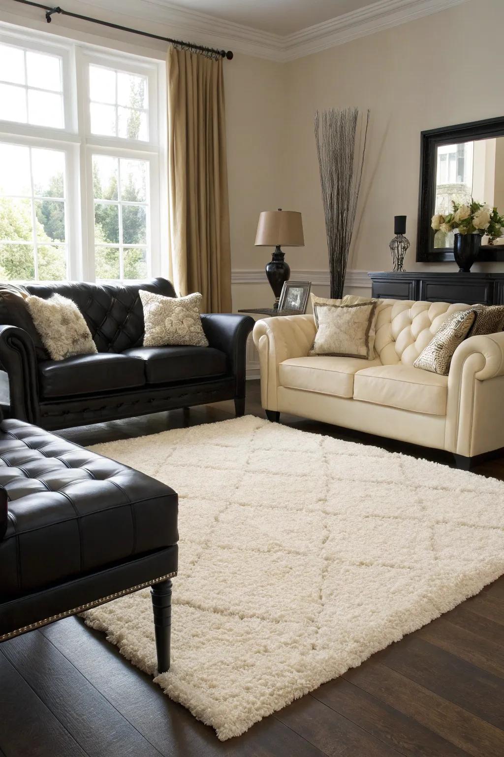 A soft ivory rug adds warmth and comfort to the elegant living room.