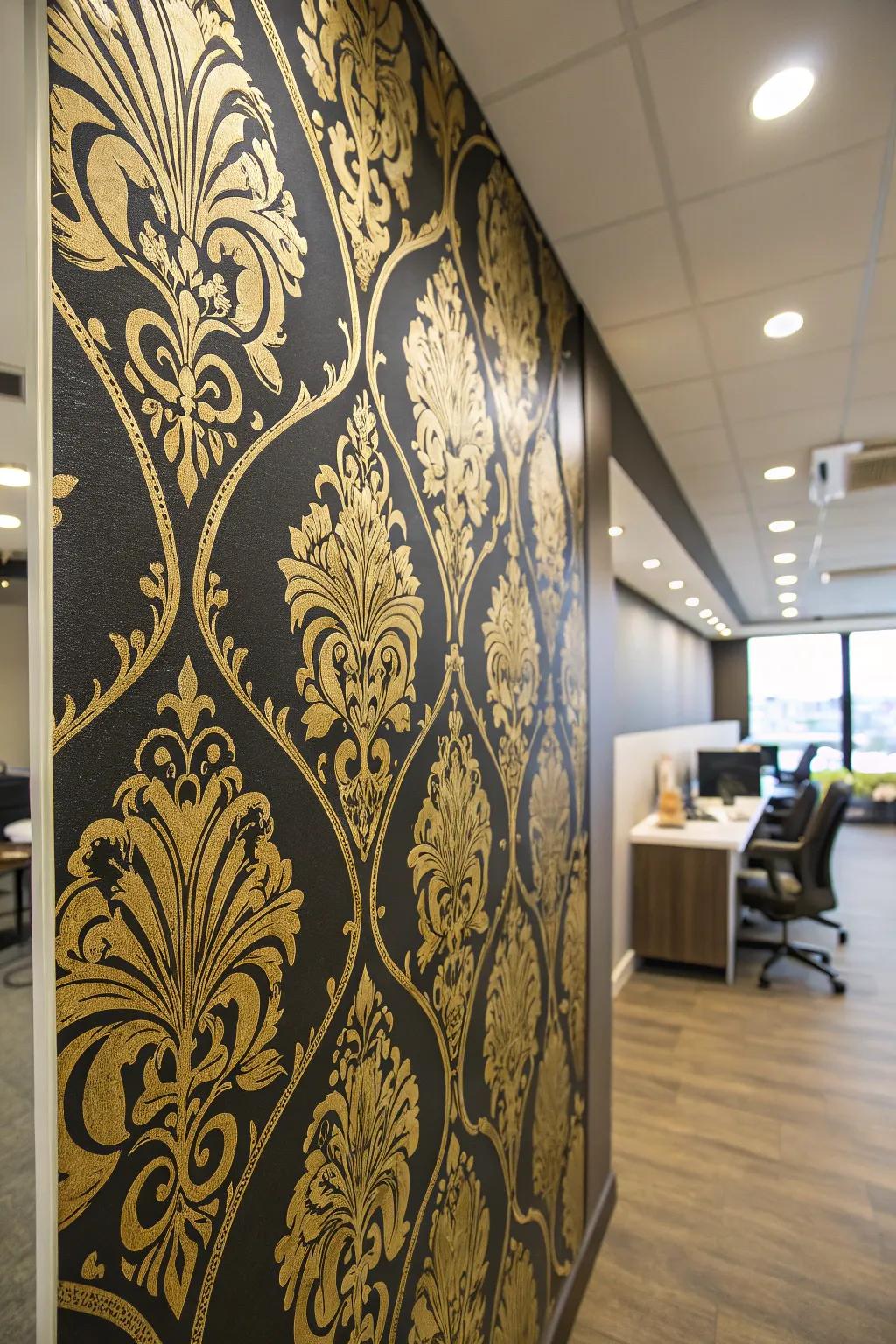 Ebony and gilded wall covering makes a strong statement in your office.