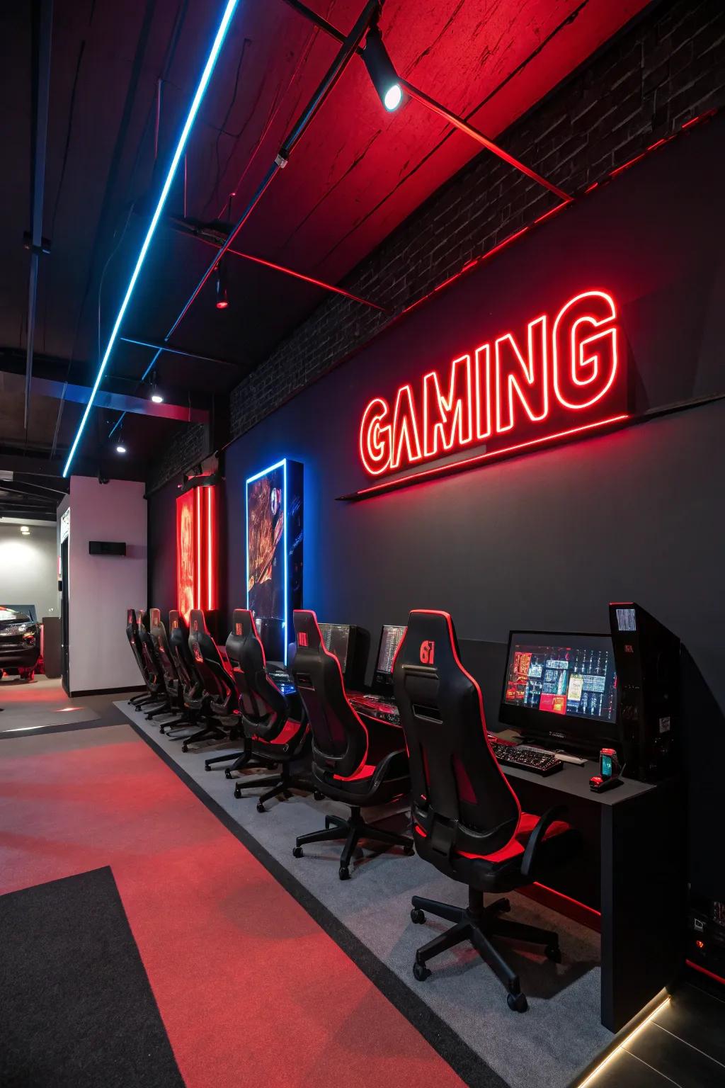 A neon sign adds a touch of flair and a modern twist to the gaming room.