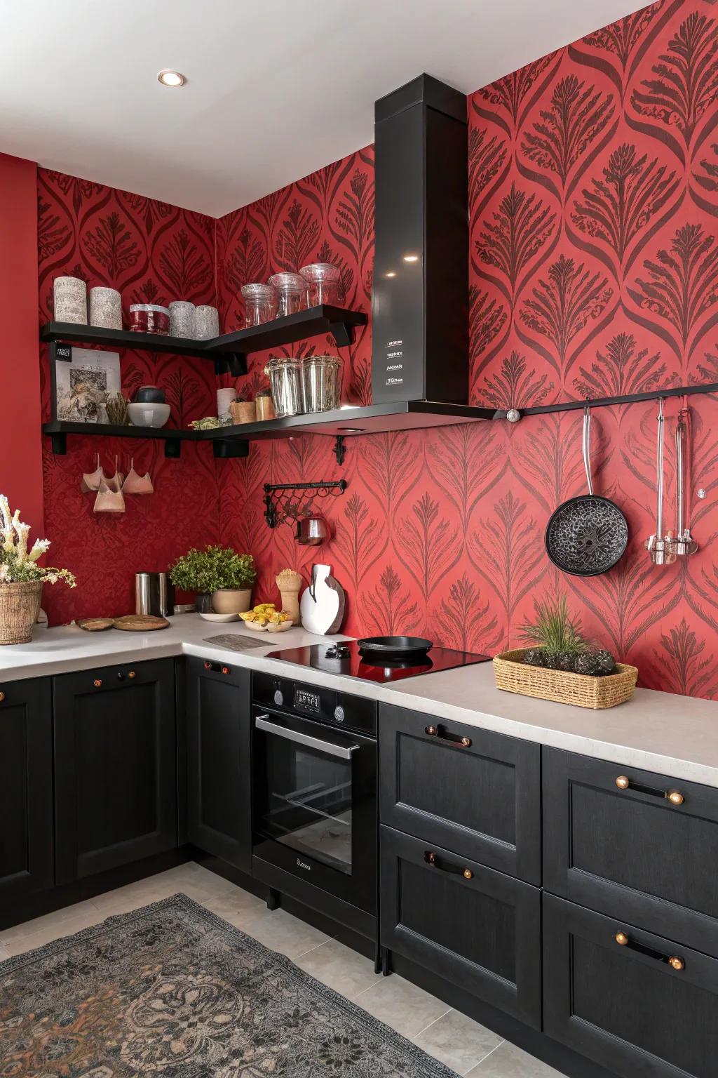 Scarlet-themed wall covering imparts artistic embellishment to the culinary space.