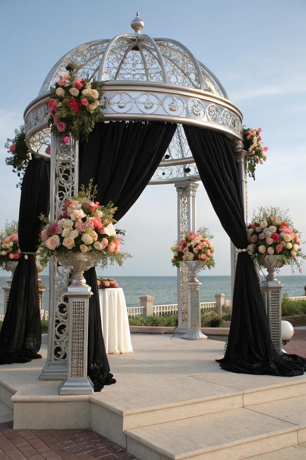 A unique ceremony arch with slate and chrome elements.