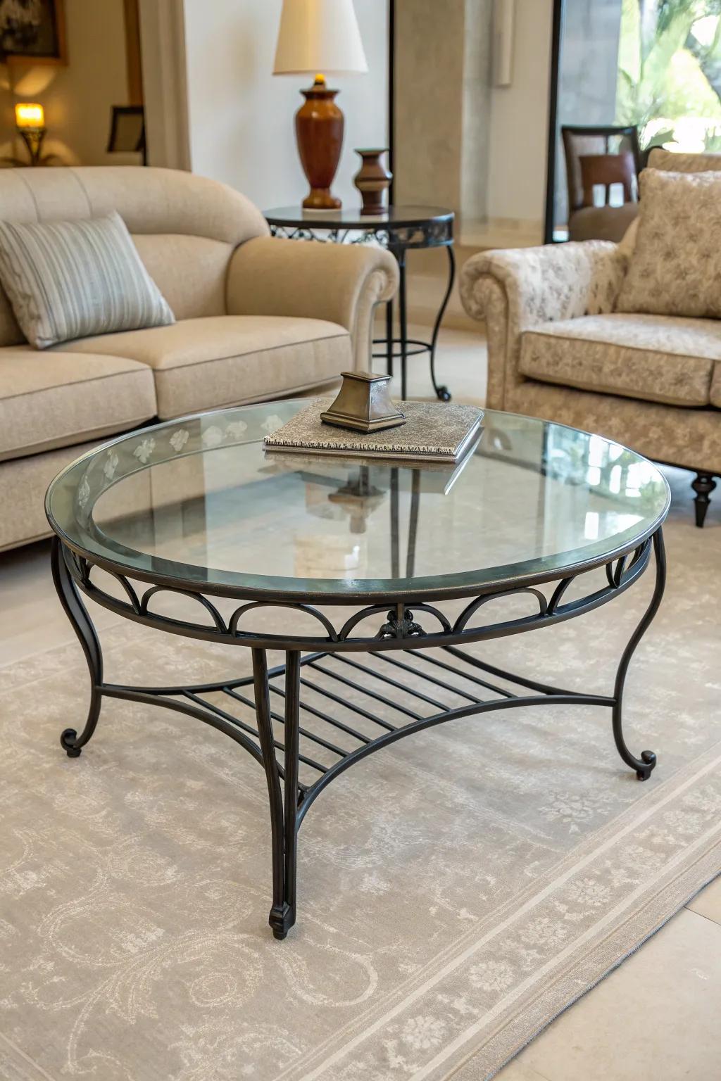 A living space featuring a glass center table with dark metal legs for a contemporary touch.