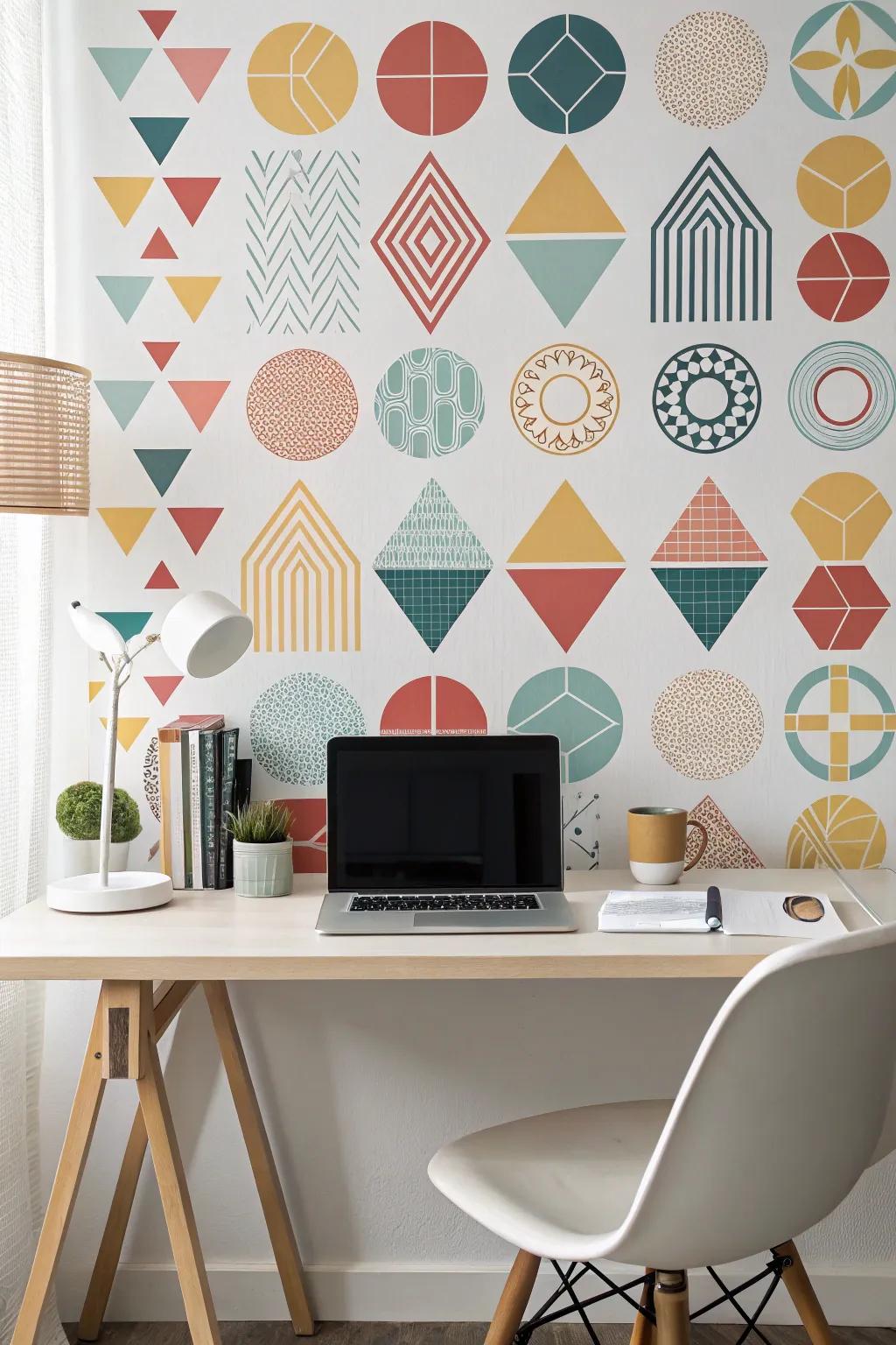 Symmetrical decals providing a stylish backdrop in a home office.