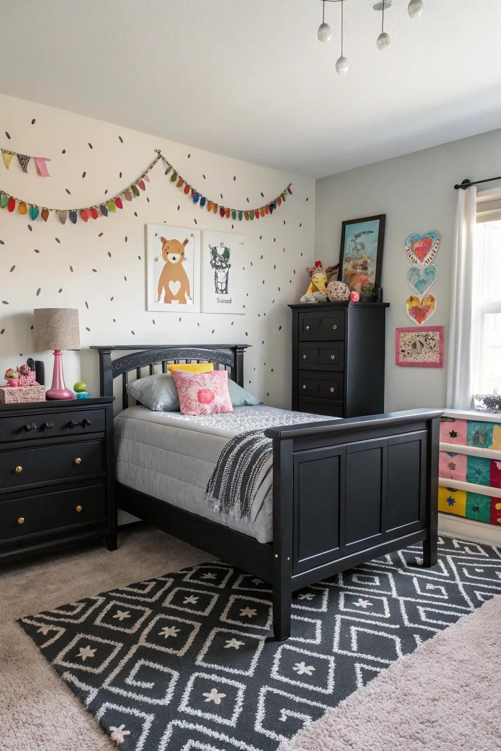 Playful decor elements bring a lighthearted touch to this dark-themed bedroom.