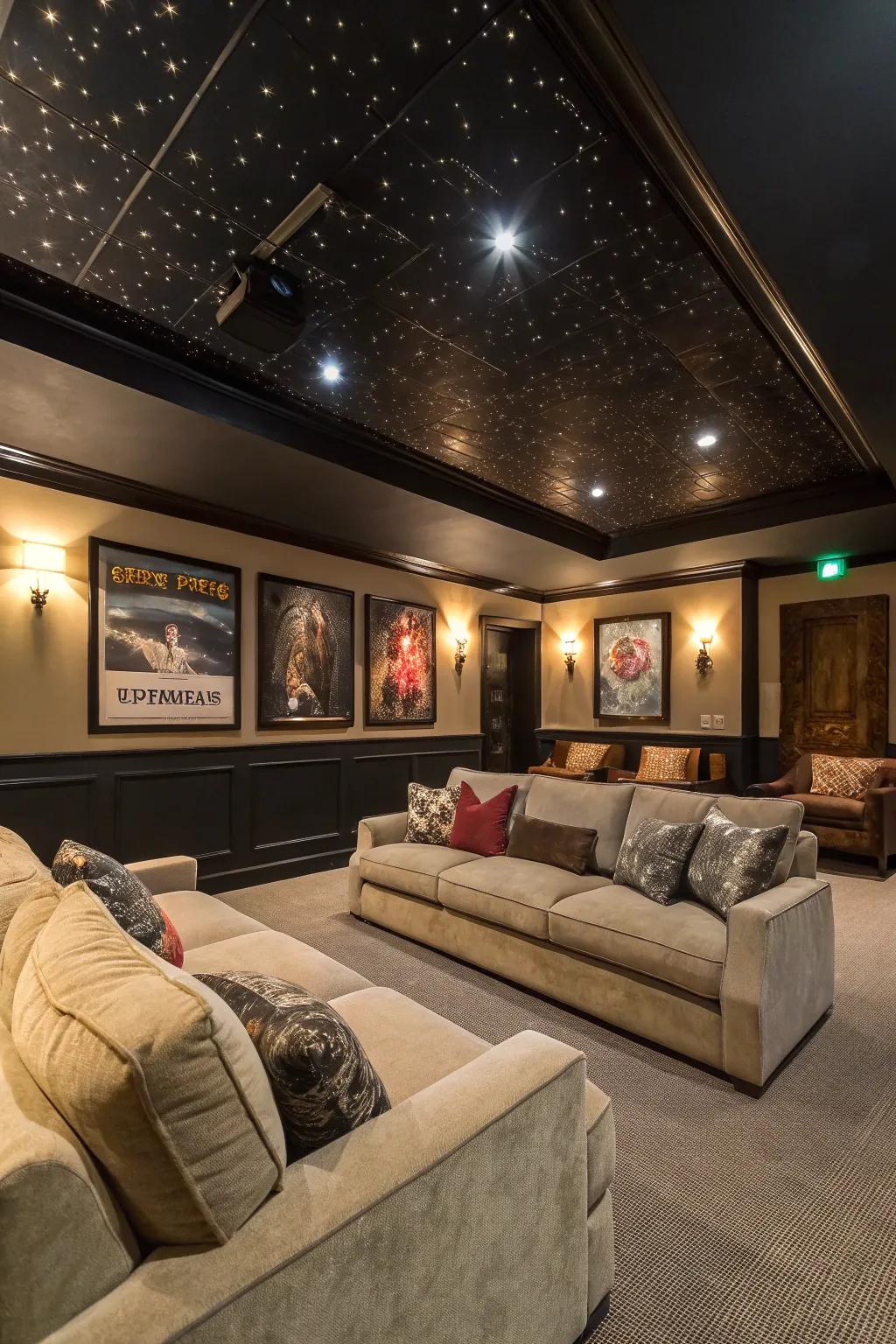 A movie theater inspired design where a black ceiling enhances the movie experience.