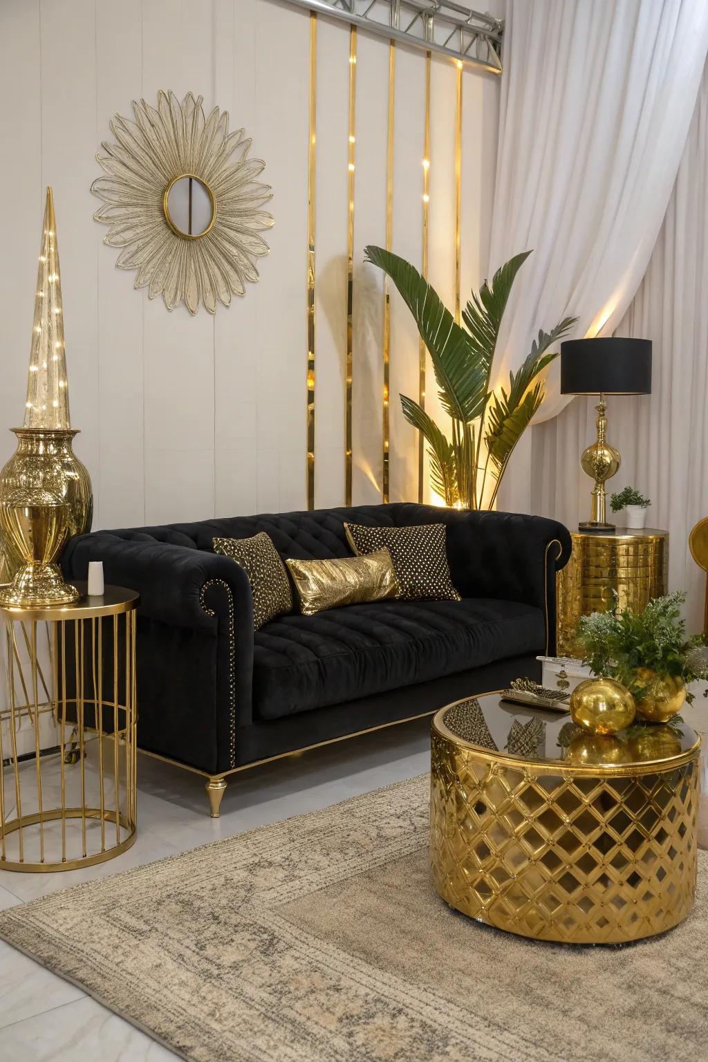 Glamorous gold accents highlighting a black couch.