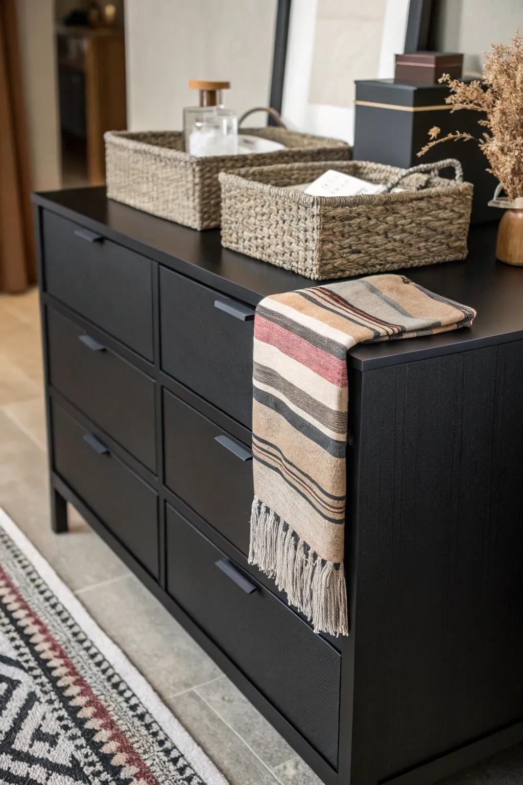A dark stained dresser adorned with rich textures for visual interest.
