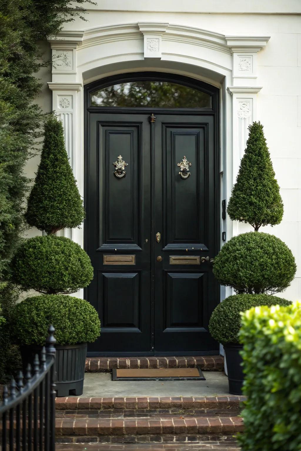A pair of topiaries perfectly balancing a dark-toned entrance.