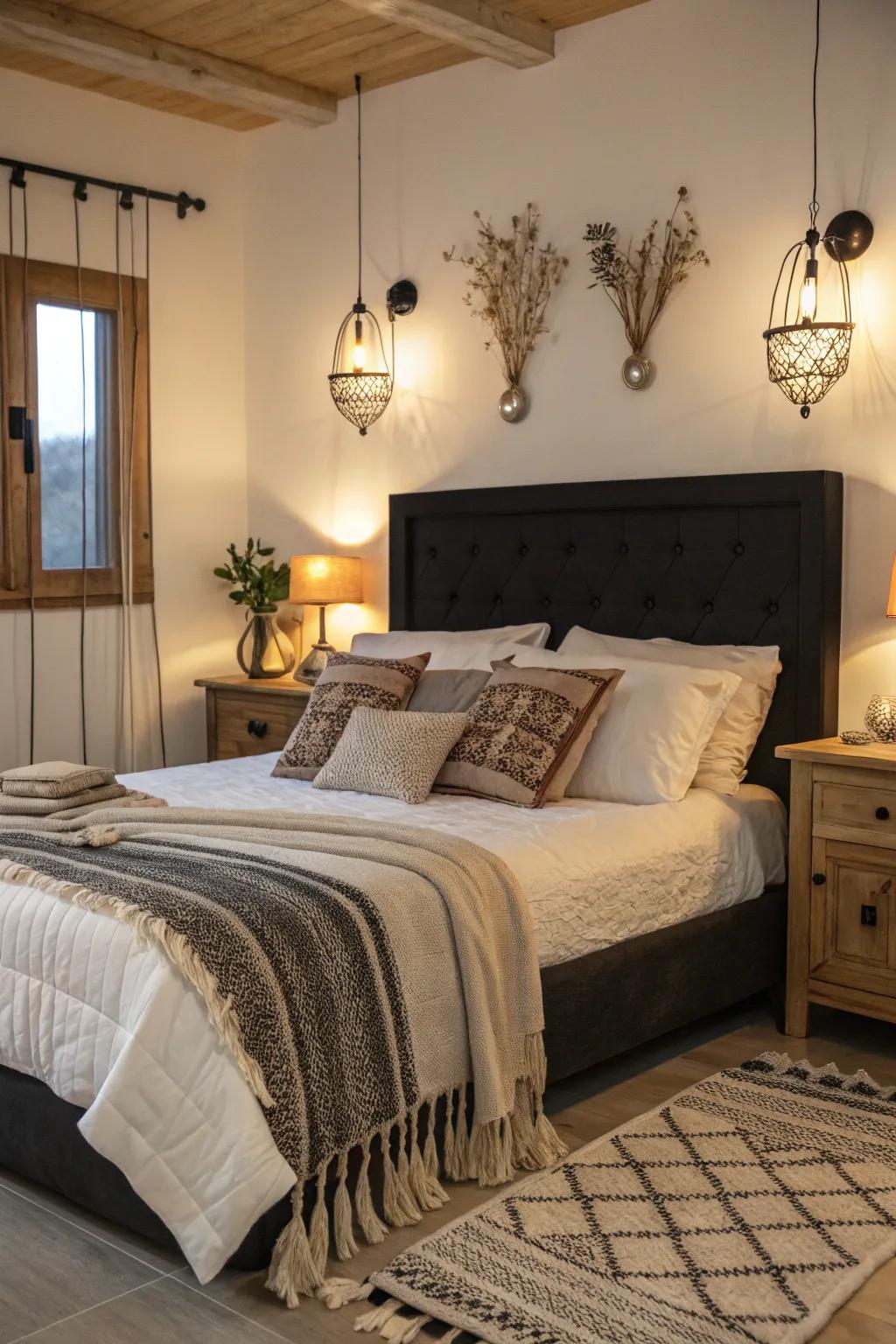 Welcoming bedroom featuring thick bedding and a dark headboard