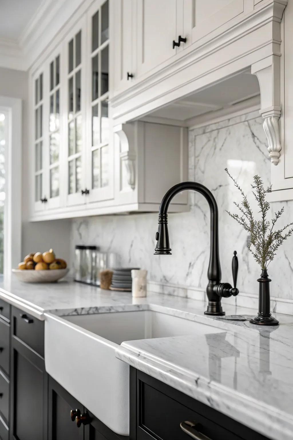 The classic contrast of black and white is elevated with the addition of this dark toned faucet.