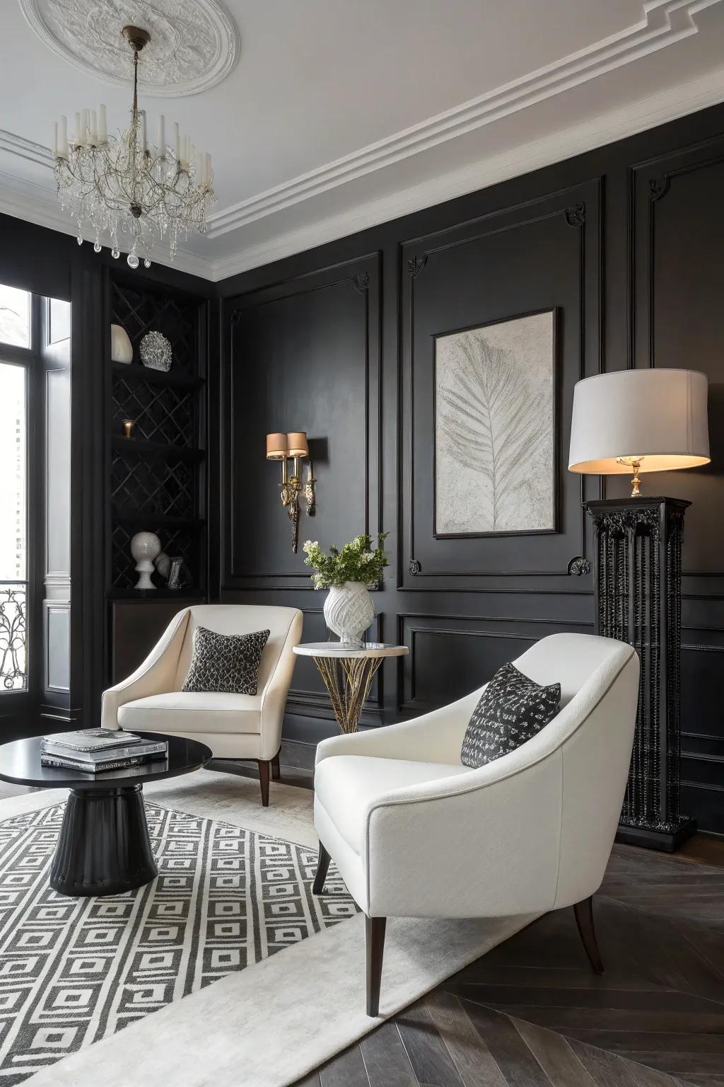 Striking monochrome palette in a dark and white room.