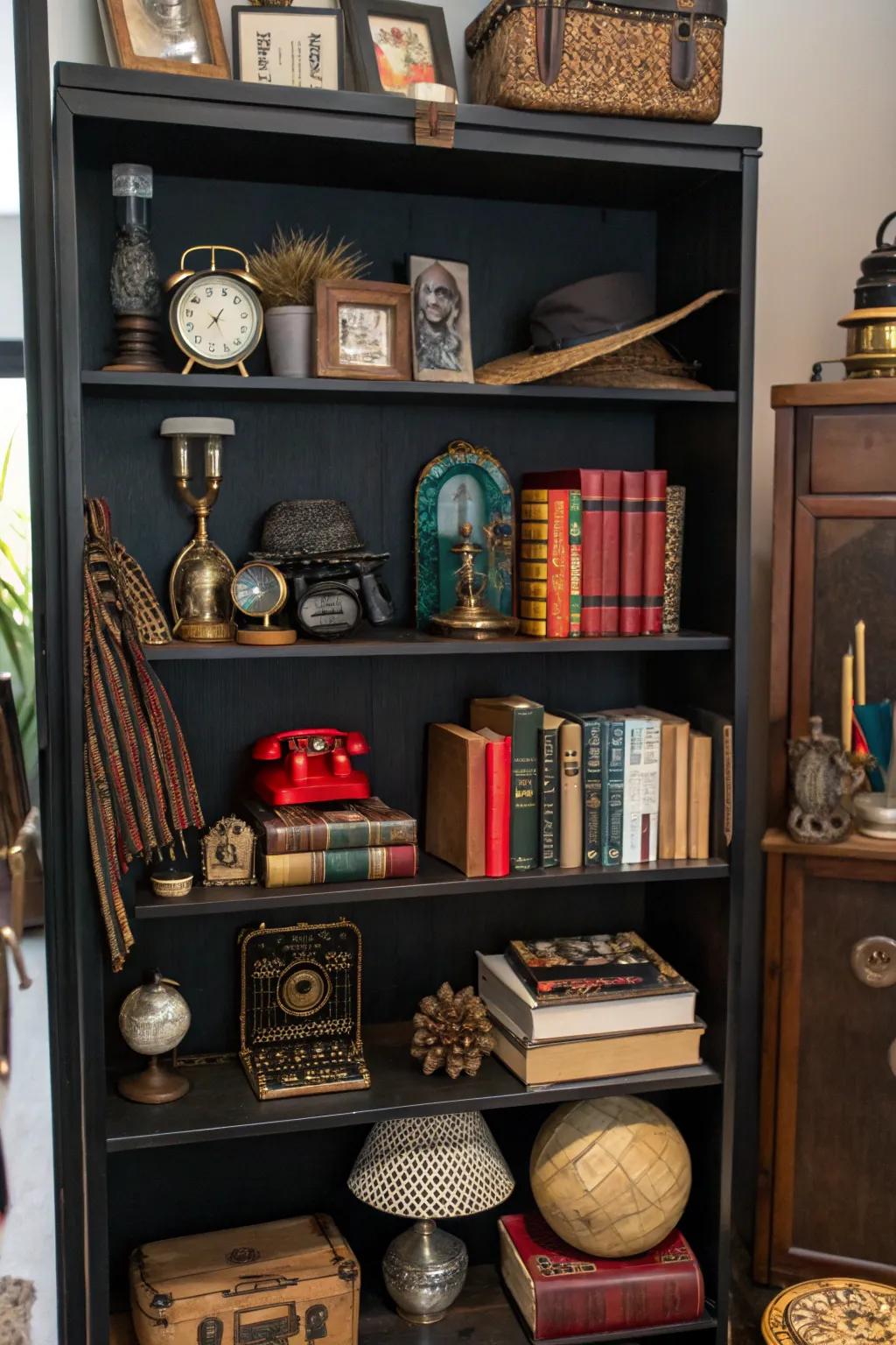 An eclectic mix of decor pieces creating a personalized display on a black shelf.