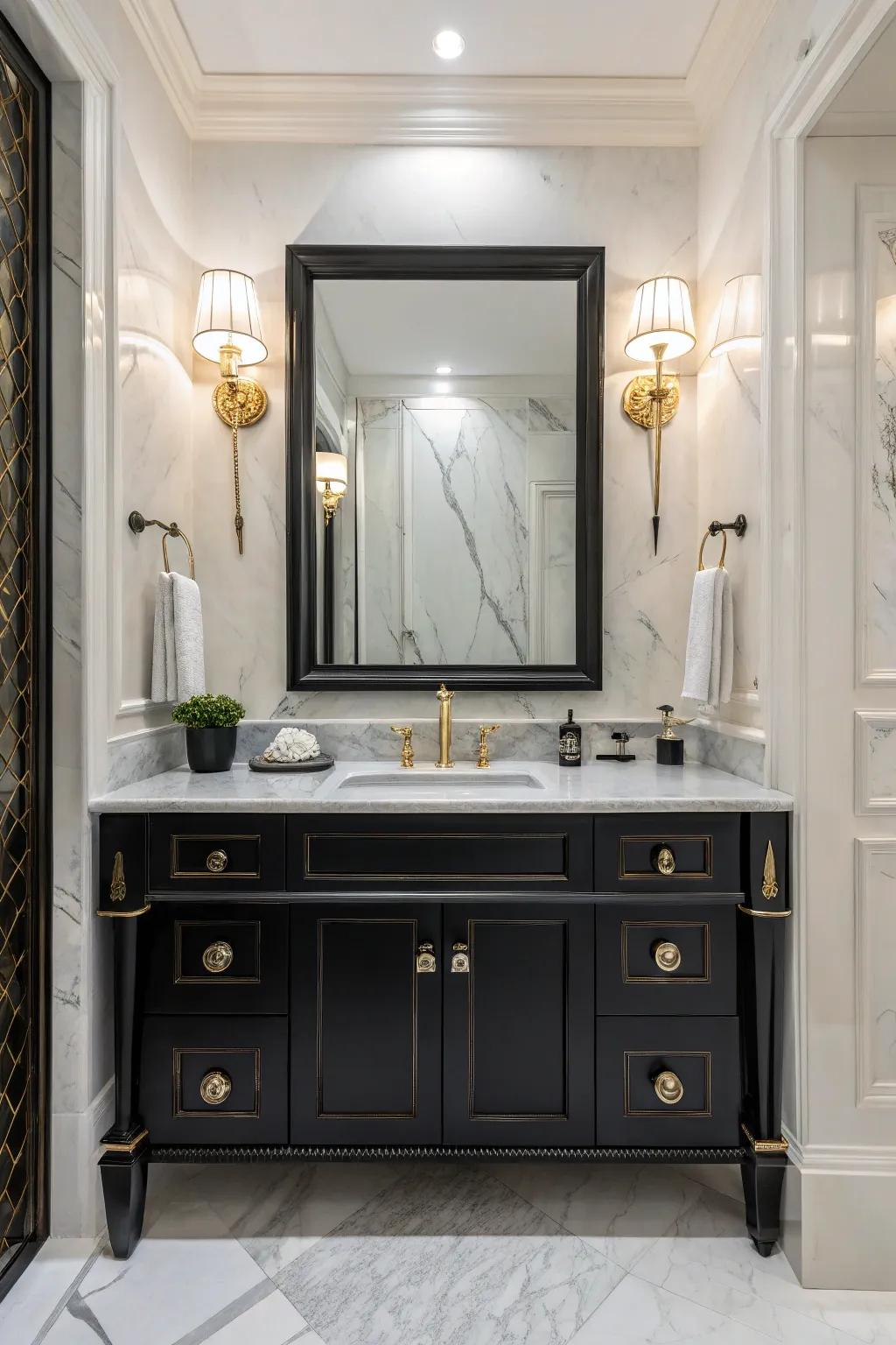Stone accents paired with a dark vanity create an atmosphere of opulence.