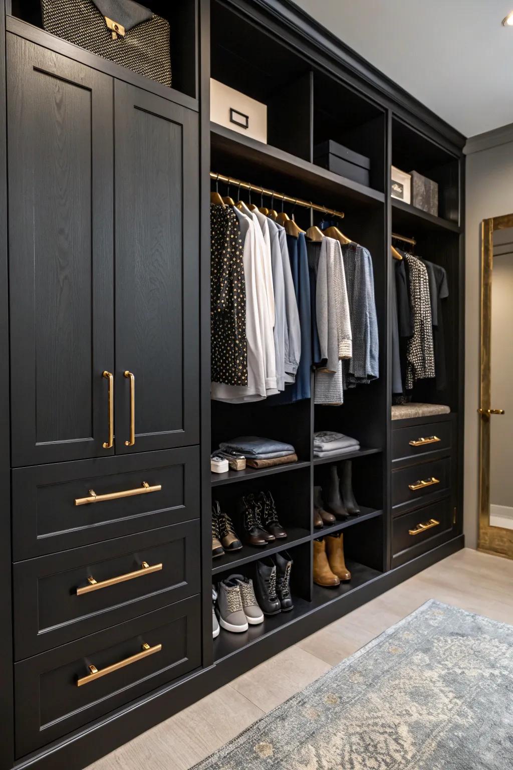 Metal accents elevate the luxurious feel of this walk-in closet.