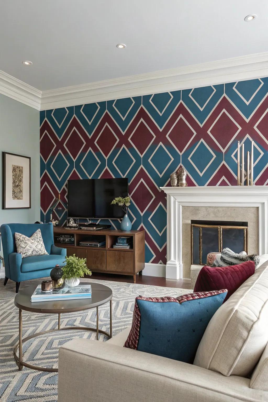 A statement wall in sapphire and wine becomes a striking centerpiece.