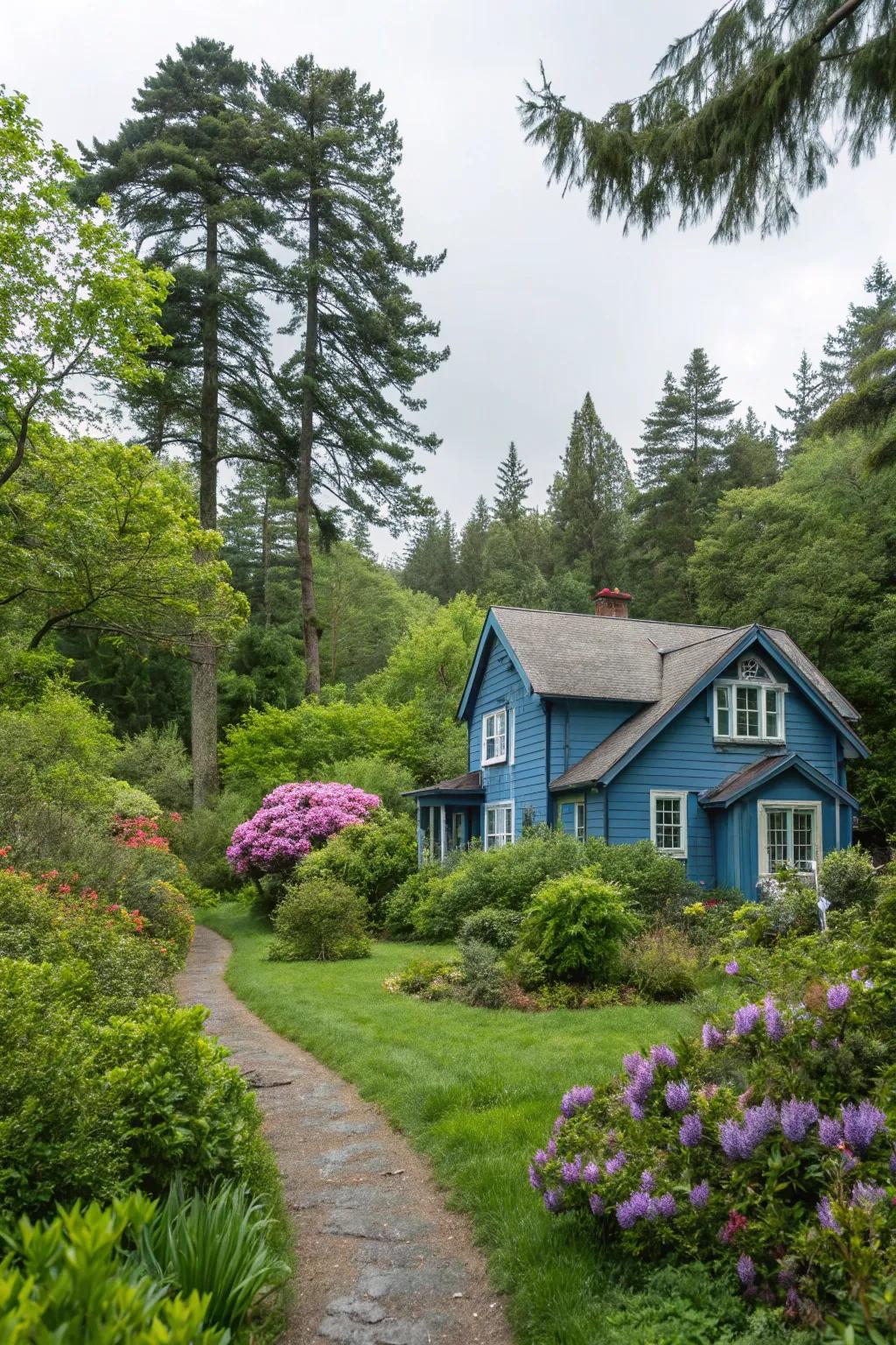 Greenery provides a vibrant contrast to blue exteriors.