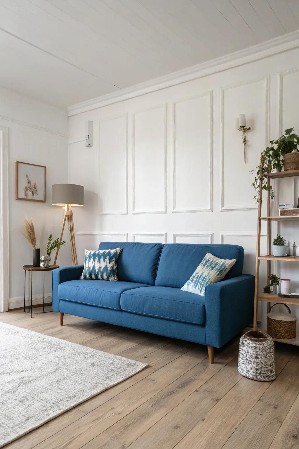 A simple design highlights the blue sofa.